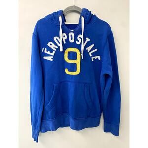 Y2K Aeropostale Men's Blue Branded Logo Hoodie L